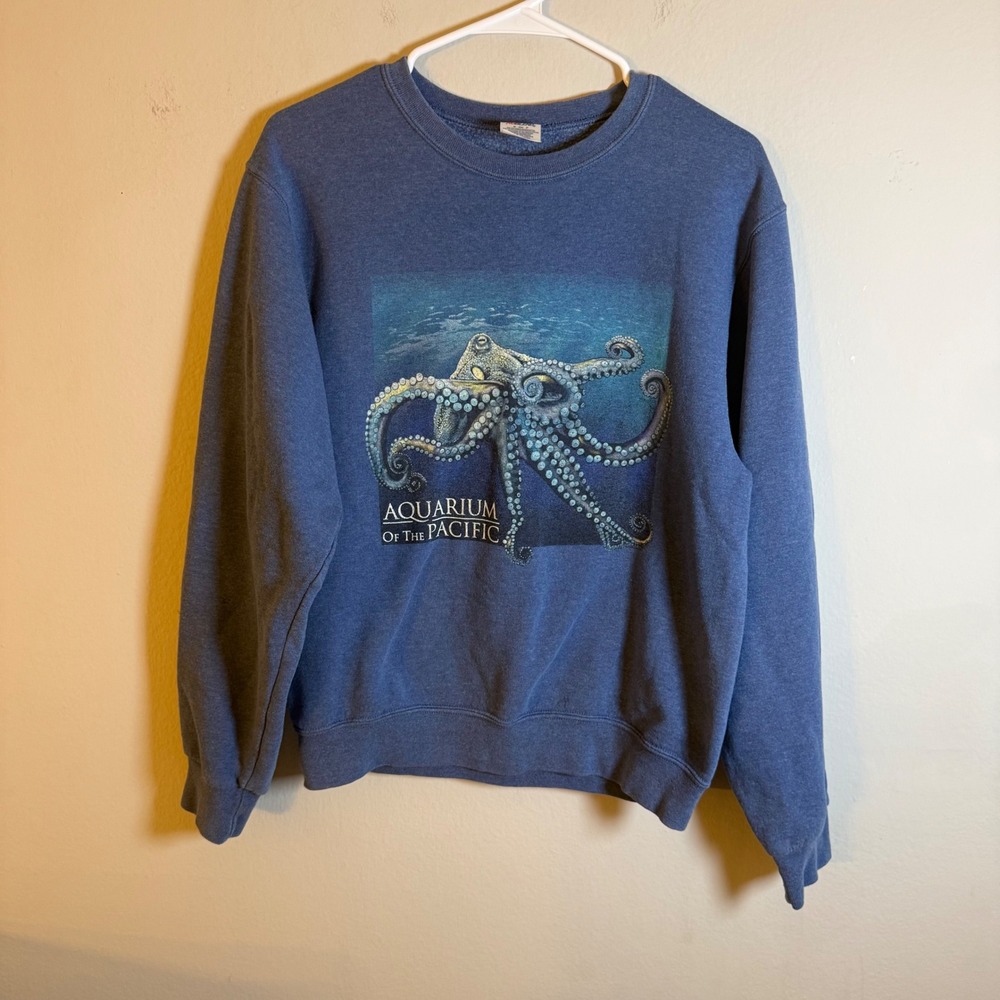 Vintage Jerzees Aquarium of the Pacific Octopus Graphic Sweatshirt Blue‎ Small